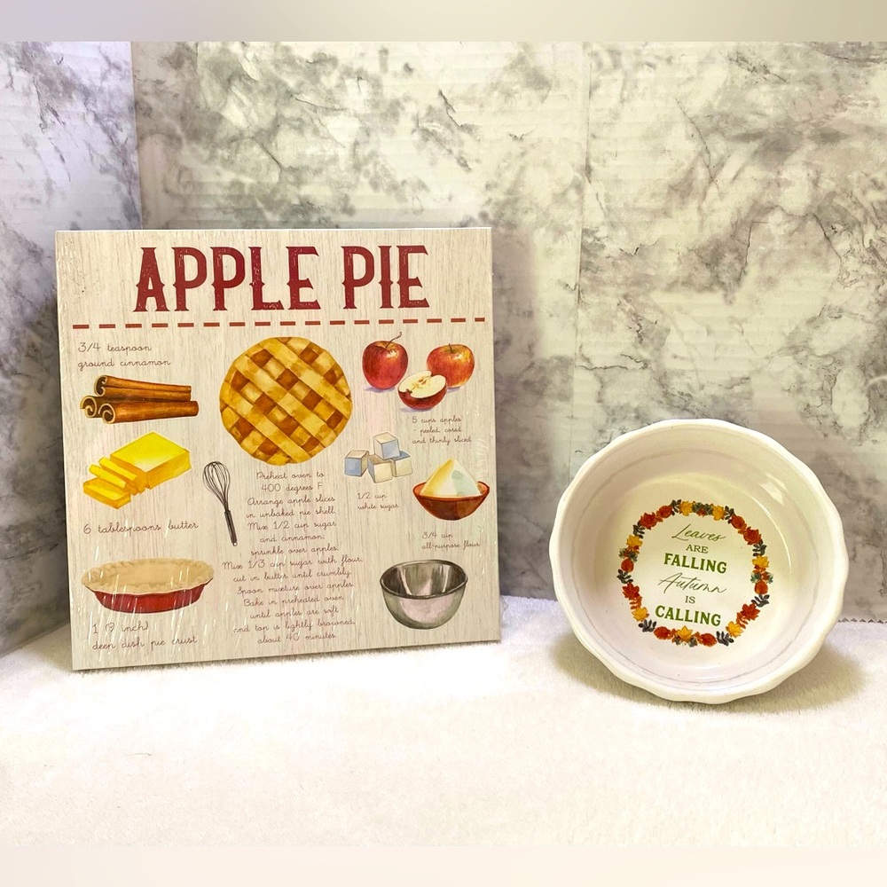 2 Piece Apple Pie Recipe Wall Hanger and Autumn Ceramic 5” Bowl